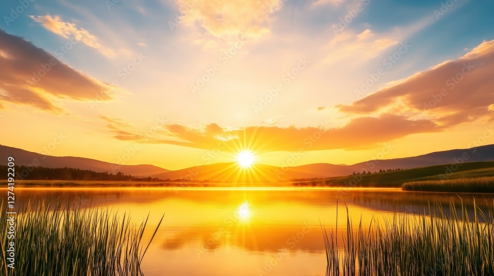 Obraz premium A breathtaking sunset reflects on a calm lake surrounded by mountains, creating a serene atmosphere