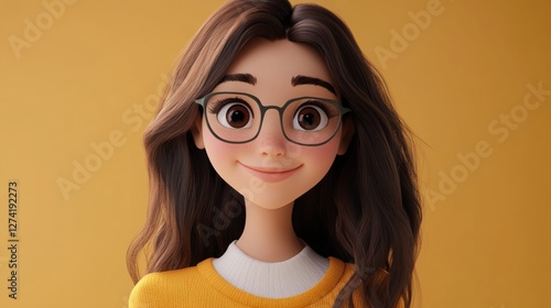 Smiling girl, glasses, yellow background, 3D render, avatar