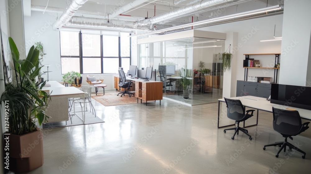 Modern open office interior with plants and desks Modern open office interior with plants and desks