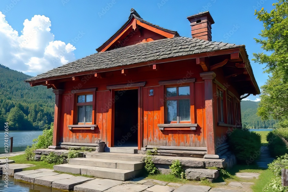 Naklejka premium Charming Red Wooden Lakeside Cabin with Stone Steps and Mountain View