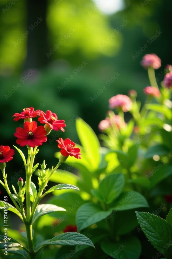 Obraz premium Vibrant Red Blossoms Illuminated by Sunlight in a Lush Green Garden Setting