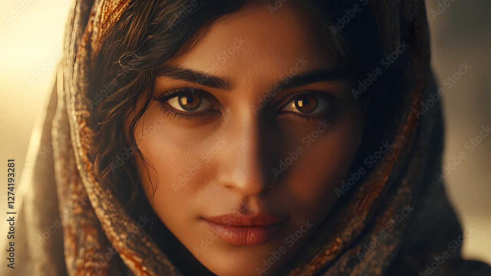 Cultural portrait of a mysterious woman desert landscape close-up photography natural light emotional depth Cultural portrait of a mysterious woman desert landscape close-up photography natural light emotional depth