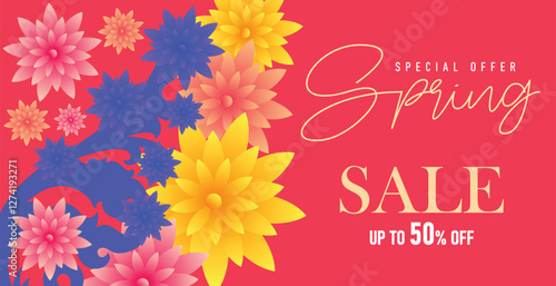 Spring sale web banner greeting card background. Super sale spring season background with colorful flowers. Spring special offer with bloom flowers for the holiday season