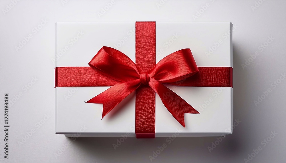 A white gift box tied with a bright red ribbon, centered on a white background A white gift box tied with a bright red ribbon, centered on a white background