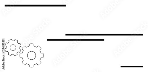 Two interlocking gears and five horizontal lines representing coordination and mechanical efficiency. Ideal for business strategy, teamwork, engineering, workflow, automation, productivity