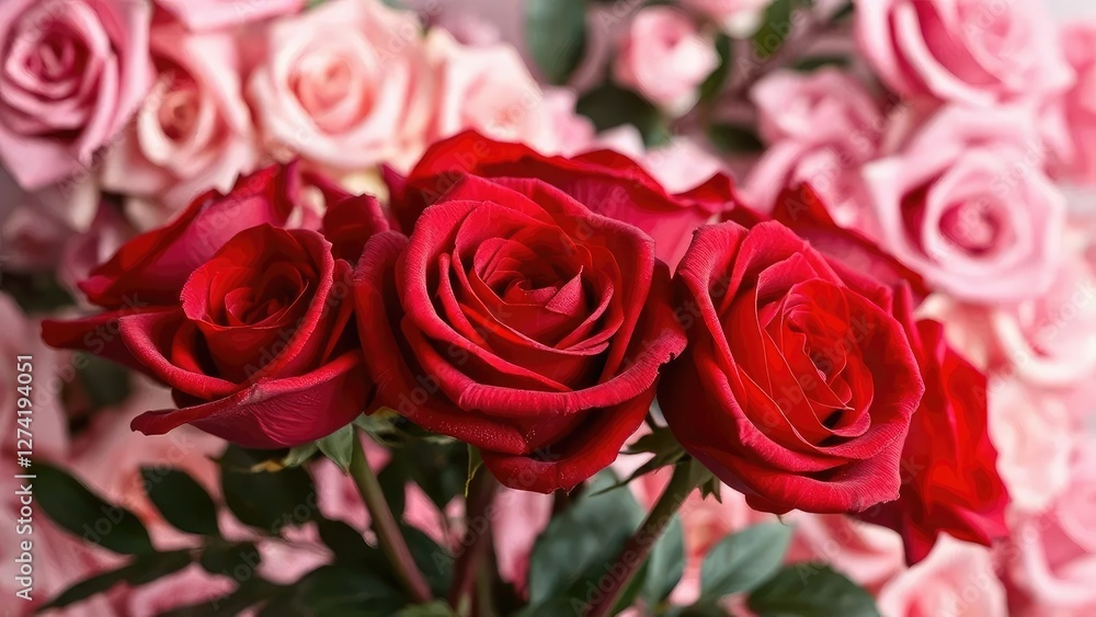 Velvety red roses unfolding against a soft floral backdrop, pink roses, botanicals, decorative element Velvety red roses unfolding against a soft floral backdrop, pink roses, botanicals, decorative element