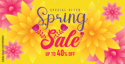 Spring sale web banner greeting card background. Super sale spring season background with colorful flowers. Spring special offer with bloom flowers for the holiday season