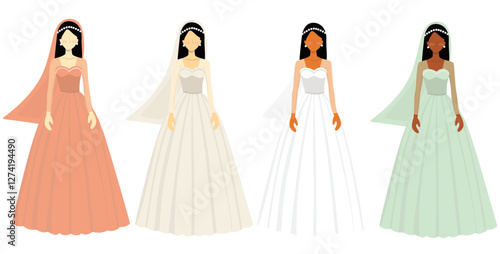 just married bride vector illustration. Beautiful bride with long dress vector illustration. long hair bride