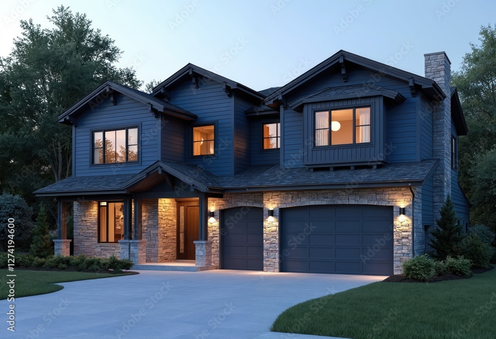 Luxury home illustration boasts modern architectural style. Features blue siding, natural stone wall, two-car garage. Estate building includes two-story house, elegant design, roof, beautiful Luxury home illustration boasts modern architectural style. Features blue siding, natural stone wall, two-car garage. Estate building includes two-story house, elegant design, roof, beautiful
