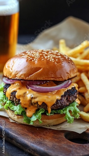 Gourmet Angus Beef Cheeseburger with Fries, Crispy Onion Rings, Sauce, and Refreshing Beer
