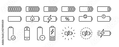 Charge battery outline icons. Plug accumulator lightning icons set. Vector icons