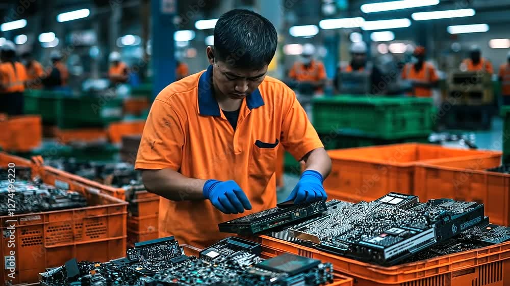 A worker sorting old electronics like circuit boards and chargers, in a bustling e-waste center, with crates and containers full of discarded gadgets around A worker sorting old electronics like circuit boards and chargers, in a bustling e-waste center, with crates and containers full of discarded gadgets around