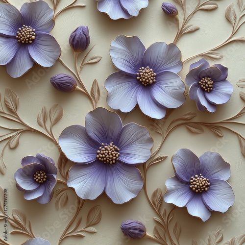 purple flowers on a beige background, an elegant wallpaper pattern