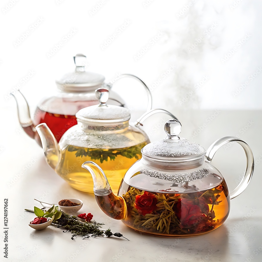 Various glass teapots filled with herbal tea Various glass teapots filled with herbal tea