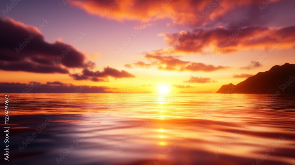 Fototapeta premium A stunning sunset over a calm ocean, with vibrant colors reflecting on the water's surface. The silhouette of distant mountains adds depth to this breathtaking landscape scene.