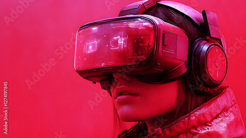 person wearing futuristic VR headset and headphones in red lit environment