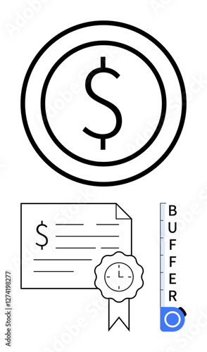 Dollar sign in circular frame, a certified document with a ribbon seal, and a vertical buffer level indicator. Ideal for finance, certification, trust, insurance, transactions, approval security