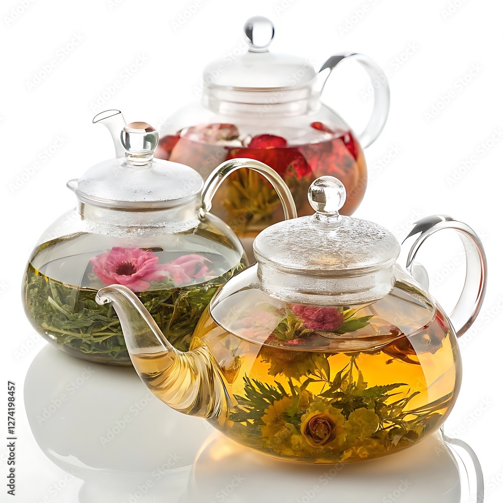 Various glass teapots filled with herbal tea Various glass teapots filled with herbal tea