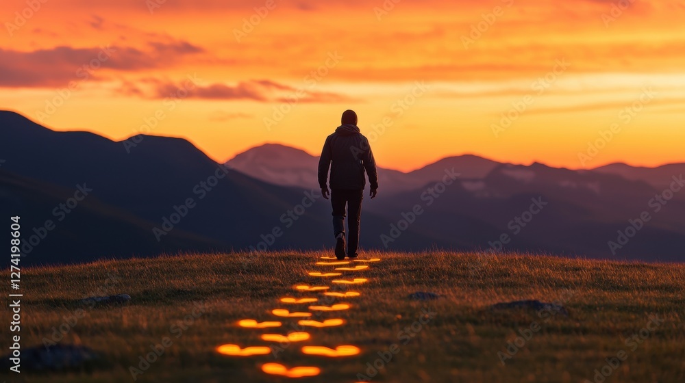 Silhouetted Hiker on Glowing Path Through Dramatic Mountain Sunset Landscape Silhouetted Hiker on Glowing Path Through Dramatic Mountain Sunset Landscape