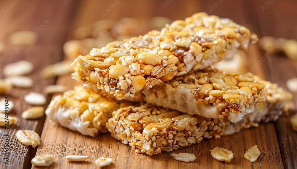 Tasty and healthy homemade organic granola protein bar with oats, nuts and seeds on wooden table Tasty and healthy homemade organic granola protein bar with oats, nuts and seeds on wooden table