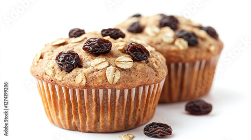 Close-up of two oatmeal raisin muffins with whole oats and plump raisins, isolated on white background, perfect for breakfast, snack, and bakery concepts.