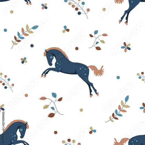 Seamless pattern with stylized horses in dynamic poses