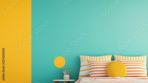 Colorful kids bedroom with bold cartoonthemed wall art, playful bed, and fun decor accents photo