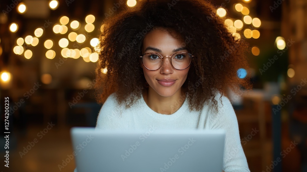 A young woman using a laptop in a cozy cafe with warm lights, evoking a sense of productivity and comfort amidst a lively yet relaxing environment. A young woman using a laptop in a cozy cafe with warm lights, evoking a sense of productivity and comfort amidst a lively yet relaxing environment.