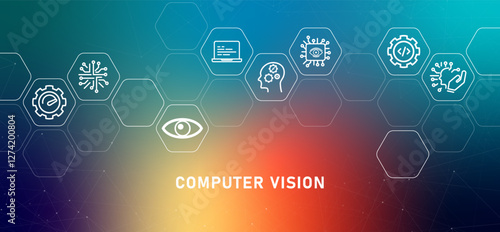 Computer vision gradient header computing technology smart machine recognition system deep learning eye programming AI artificial intelligence development icon design illustration