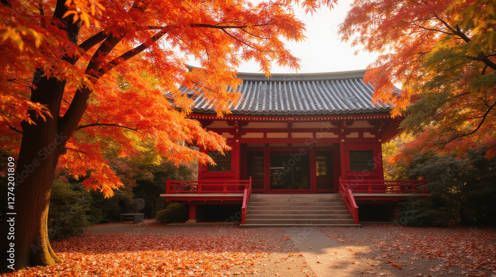 serene temple surrounded by vibrant autumn foliage and red leaves serene temple surrounded by vibrant autumn foliage and red leaves