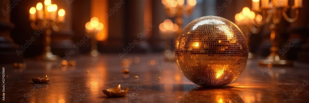 Obraz premium Shiny gold disco ball on floor amidst candelabras, candlelight, opulent, centerpiece