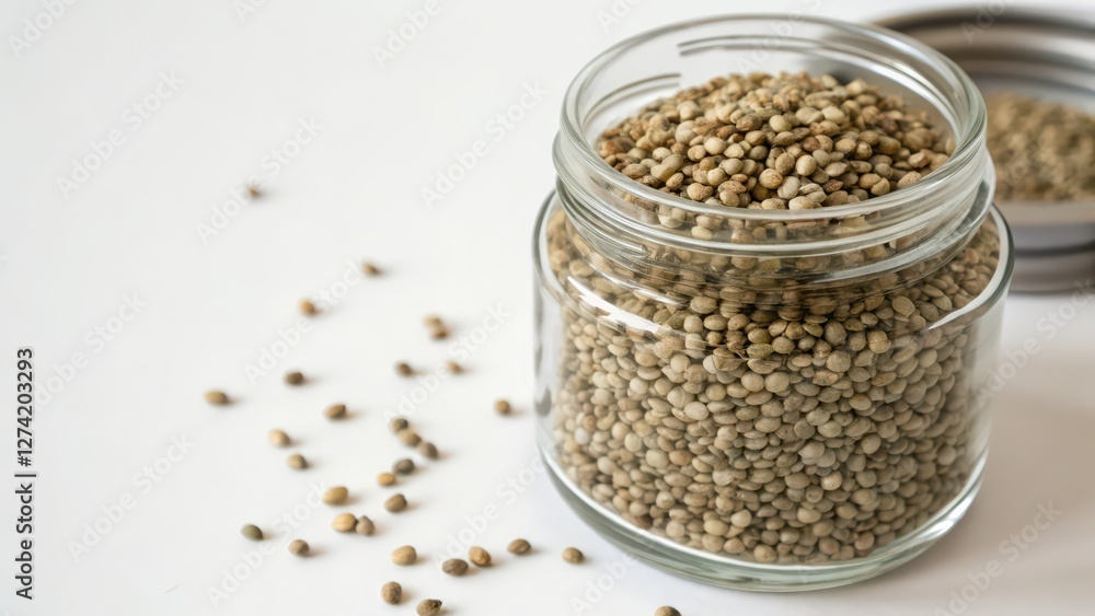 Hemp Seeds in Glass Jar on White Background Hemp Seeds in Glass Jar on White Background