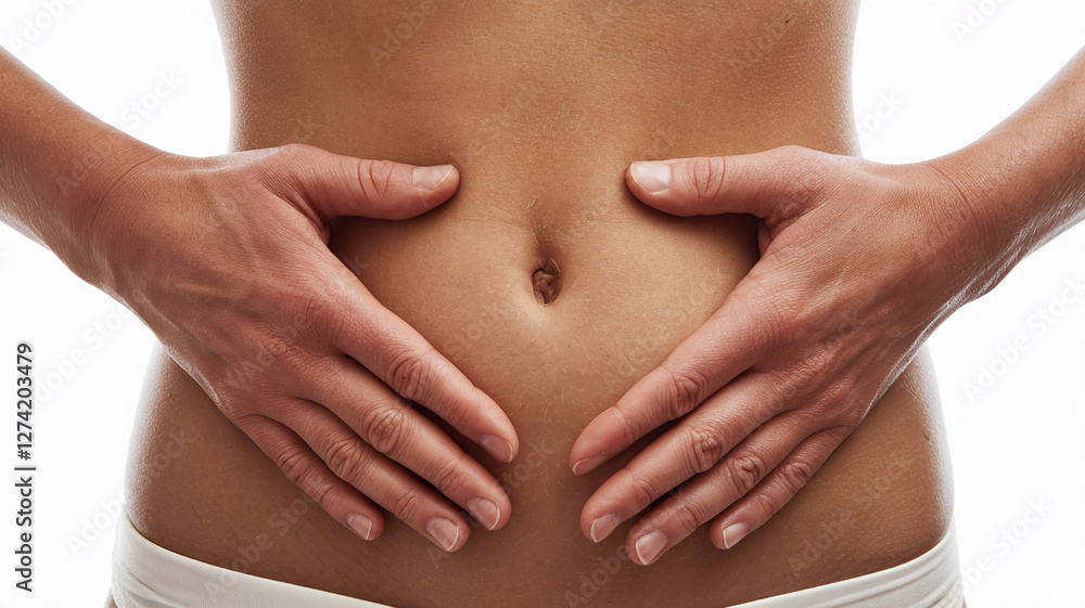 A close-up view of a person's torso with hands on the belly button, symbolizing self-care, health, and well-being. The image focuses on wellness and connection with oneself. A close-up view of a person's torso with hands on the belly button, symbolizing self-care, health, and well-being. The image focuses on wellness and connection with oneself.