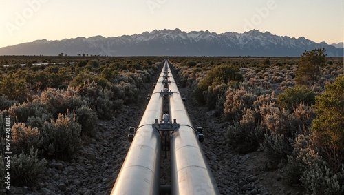 Majestic oil pipeline in valley with mountains backdrop glowing in golden hour