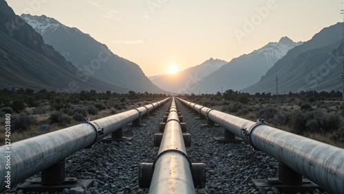 Majestic oil pipeline in valley with mountains backdrop glowing in golden hour