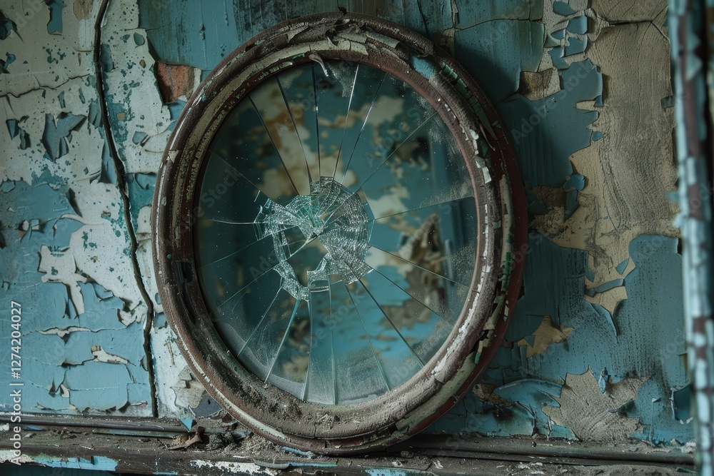Obraz premium Abandoned room with a broken mirror and dusty furniture showing signs of decay in an old house