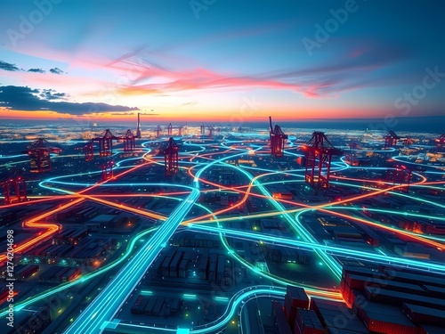 Dynamic Urban Landscape with Colorful Light Trails