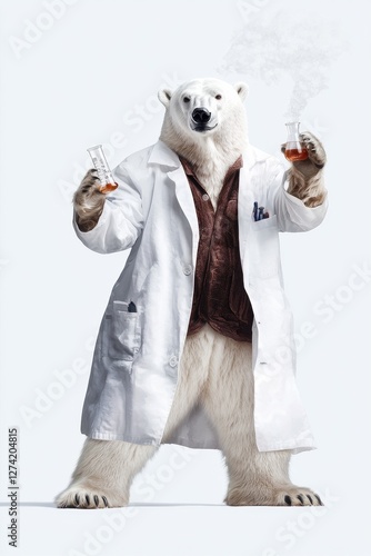 Polar bear in a lab coat conducting scientific experiments with beakers in a modern laboratory setting