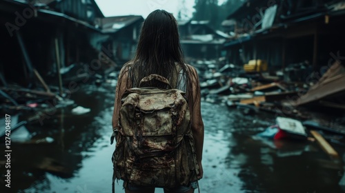 A solitary figure with a messy backpack surveys the desolation and chaos around them, highlighting themes of survival, resilience, and the aftermath of a disaster. photo