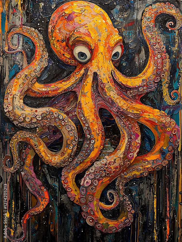 Obraz premium Vibrant, impastostyle octopus artwork. Expressive colors and textures create a captivating, almost threedimensional effect.