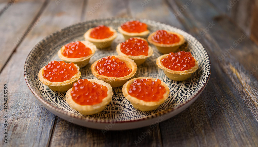 Tartlets with red caviar on plate. Tasty snack. Delicious food. Cooking and culinary concept. Tartlets with red caviar on plate. Tasty snack. Delicious food. Cooking and culinary concept.
