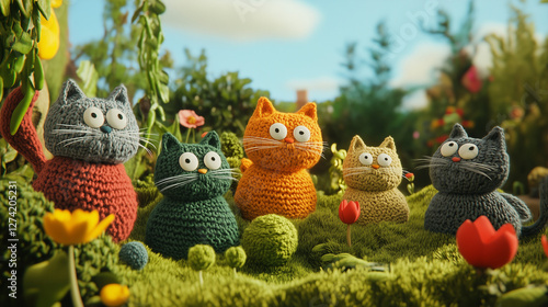 Cats made of knitted wool in a cartoon style
