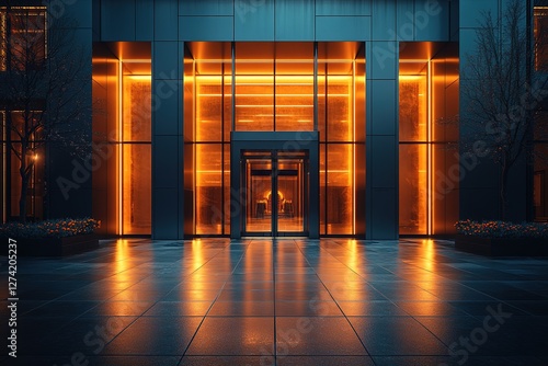 Modern building entrance with striking warm lighting illuminating a sleek and contemporary architectural design