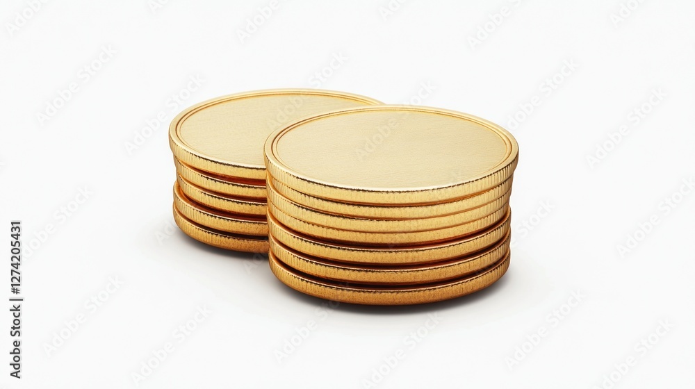 Two stacks of gold coins on white background; wealth concept Two stacks of gold coins on white background; wealth concept