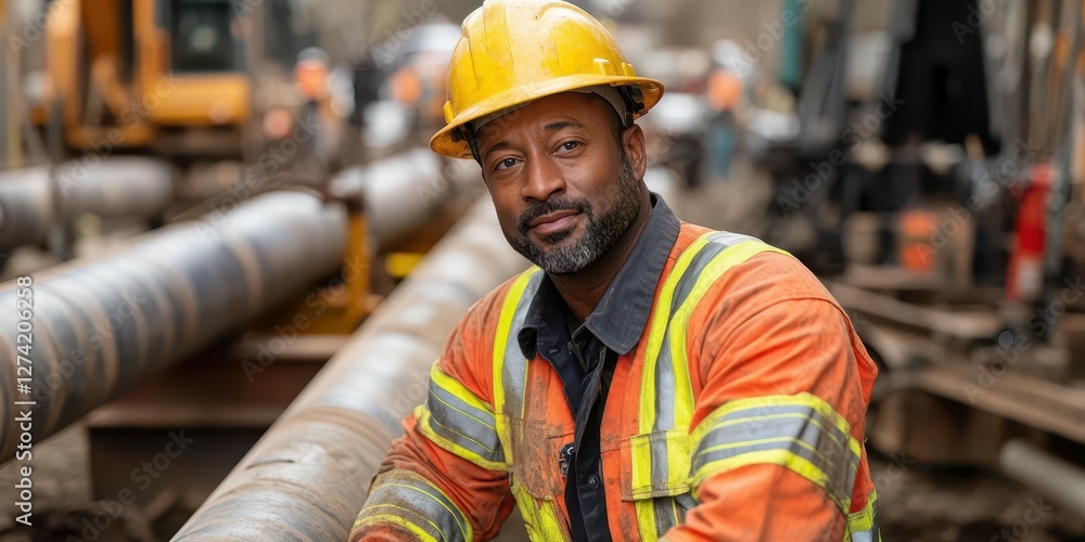 Confident Construction Worker Posing Near Large Pipes on a Construction Site Confident Construction Worker Posing Near Large Pipes on a Construction Site