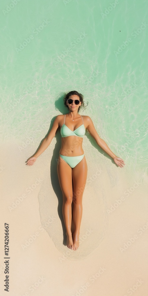 Fototapeta premium A woman is laying on the beach in a bikini. She is wearing sunglasses and she is relaxed