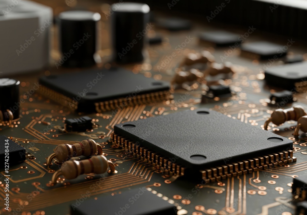 Close-Up View of Electronic Circuit Board with Intricate Microchip Details Close-Up View of Electronic Circuit Board with Intricate Microchip Details