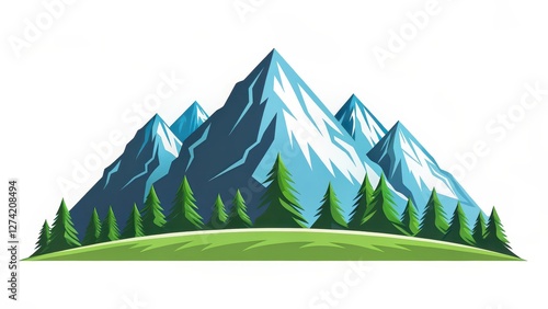 Mountain Range Illustration, Snowcapped Peaks, Evergreen Forest, White Background