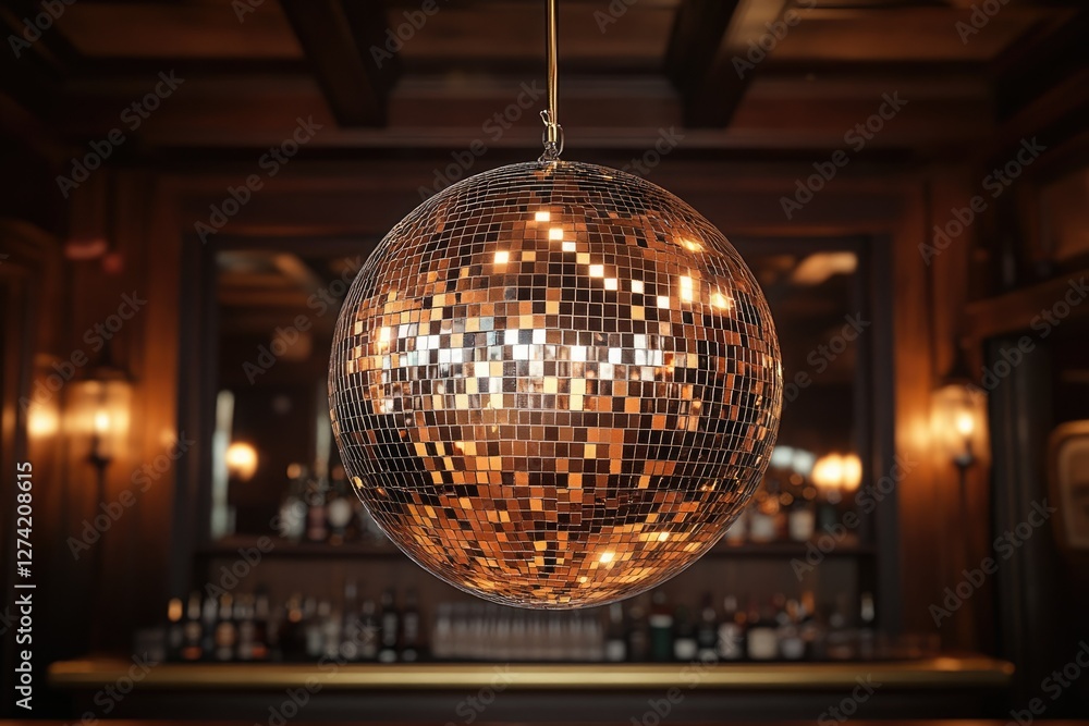Obraz premium A gleaming disco ball hangs in a dimly lit, sophisticated bar, reflecting the ambient light.