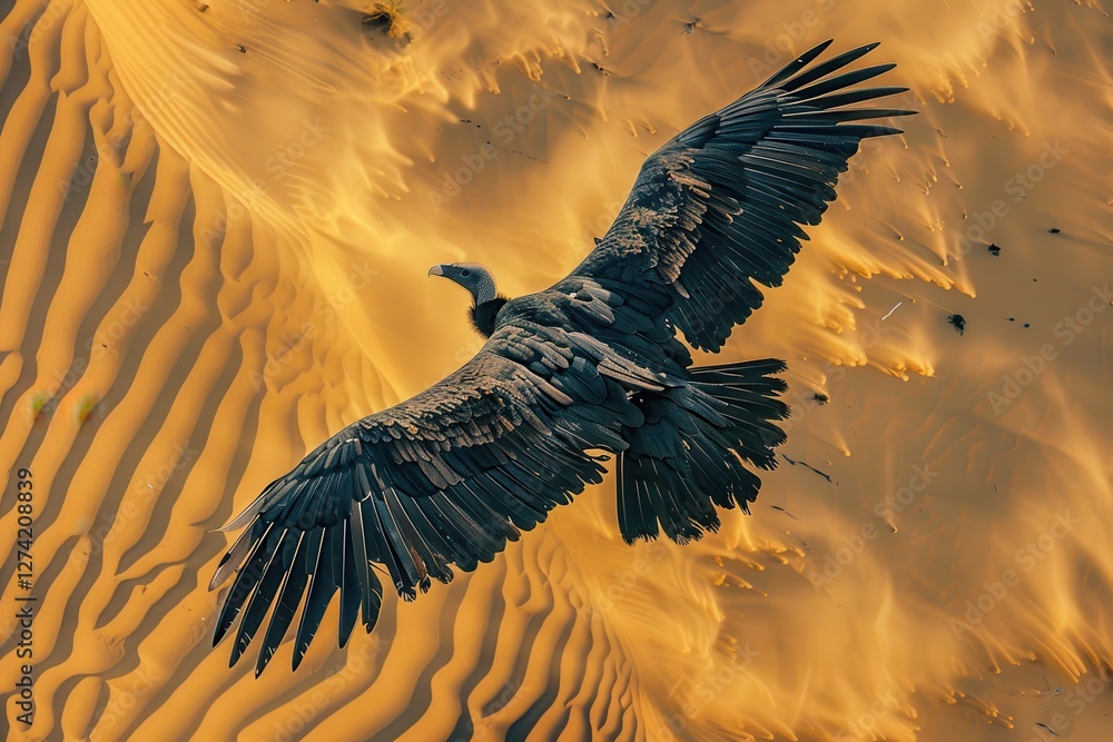Obraz premium Majestic eagle soaring above golden desert dunes at sunrise showcasing the beauty of nature and wildlife in a remote location